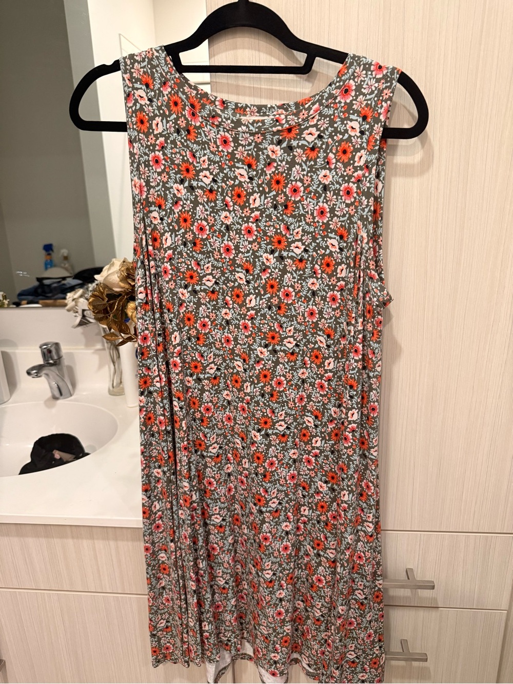LOFT Olive Midi Dress with Coral and Pink Floral Print
